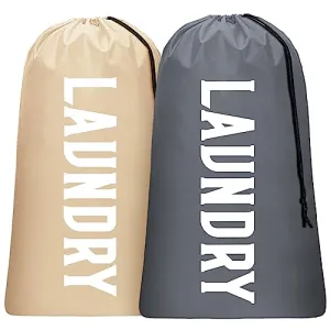 2 Pack Large Travel Laundry Bag, Dirty Clothes Travel Bag with Drawstring, Heavy Duty Laundry Bag for Dorm Camp Traveling, Fit a Laundry Hamper for Students College, Khaki Grey