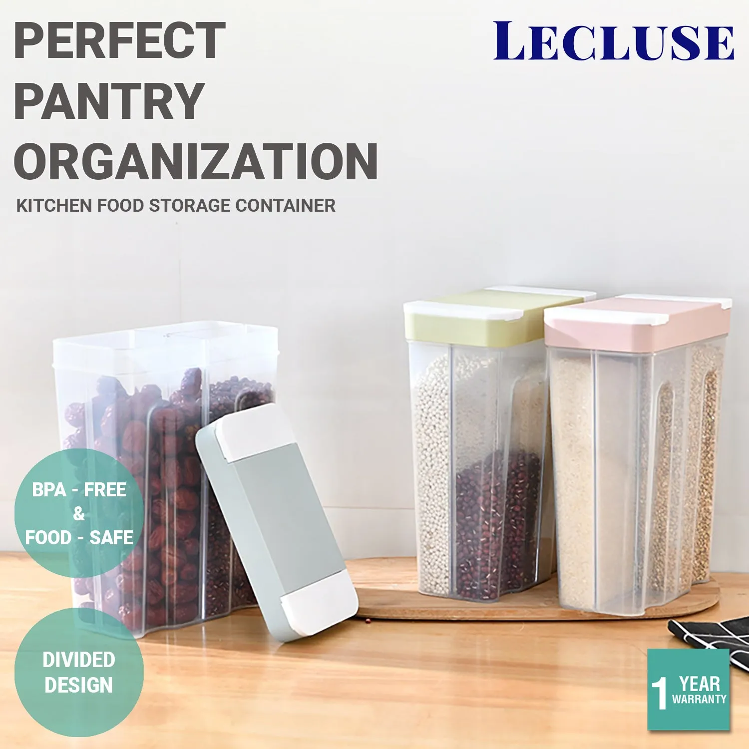 2x Lecluse Kitchen Food Storage Container Cereal Dispenser Dry Goods Bin Lid