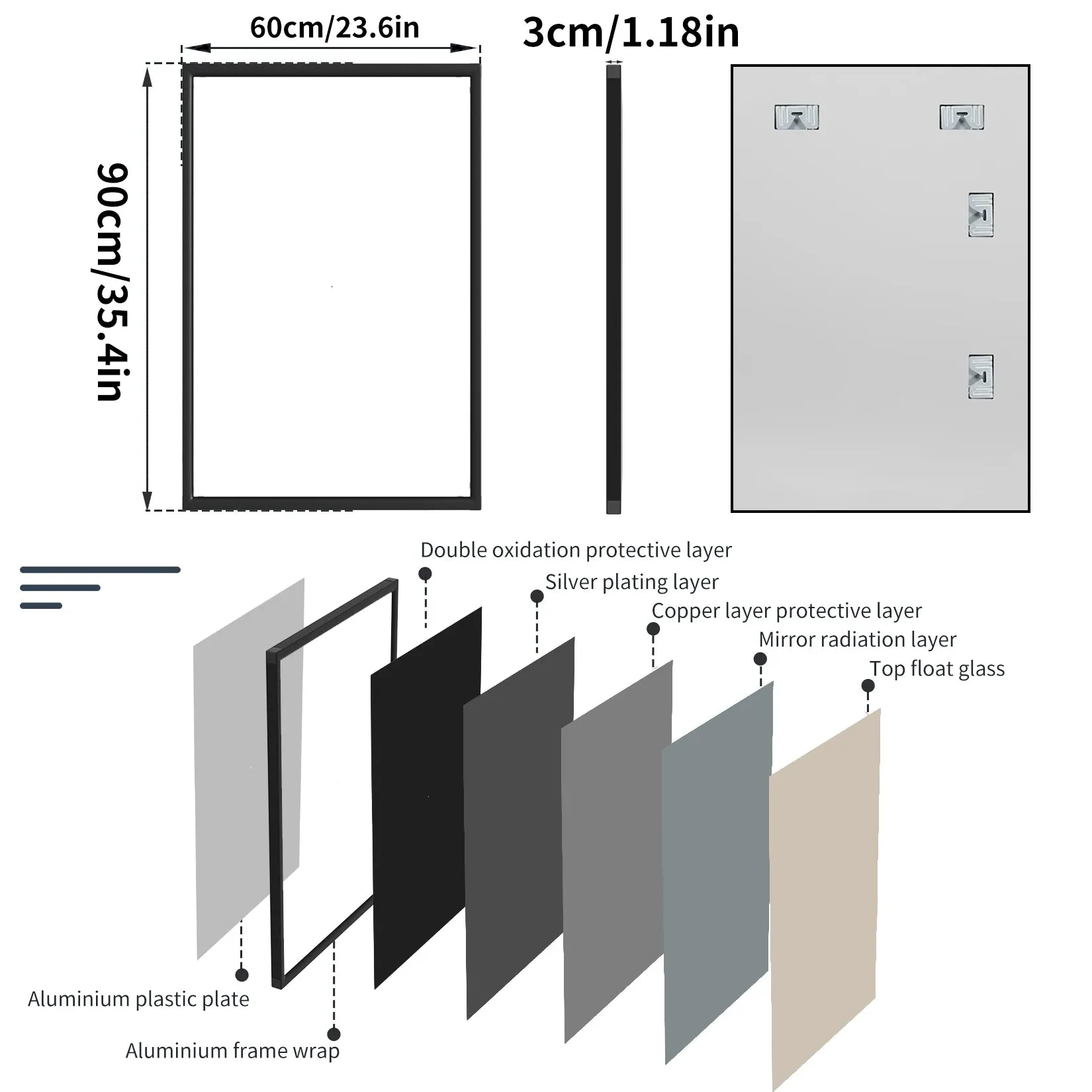 60X90Cm Rectangular Wall Mirror Frame Horizontal / Vertical