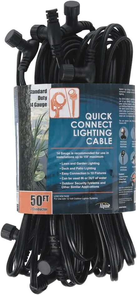 Alpine Corporation 50-Foot Quick-Connect Lighting Cable with 10 Sockets, Outdoor 14-Gauge Waterproof Landscape Light Extension Cord, 15m