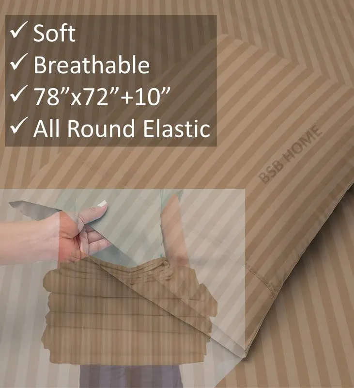 BSB HOME Cotton Solid/Stripes 220 TC All Round Elastic Fitted King Size Bedsheets with 2 Pillow Covers | Breathable | Size -78X72 10 Inches Deep Pocket Home-Hotels-Hospital-Guest House- Mouse