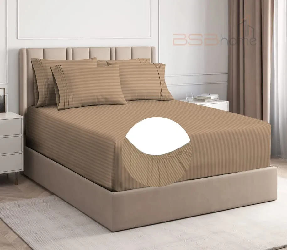 BSB HOME Cotton Solid/Stripes 220 TC All Round Elastic Fitted King Size Bedsheets with 2 Pillow Covers | Breathable | Size -78X72 10 Inches Deep Pocket Home-Hotels-Hospital-Guest House- Mouse
