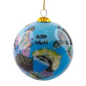 “Coral World” Hand-Painted Hawaiian Sea Turtle Glass Ornament
