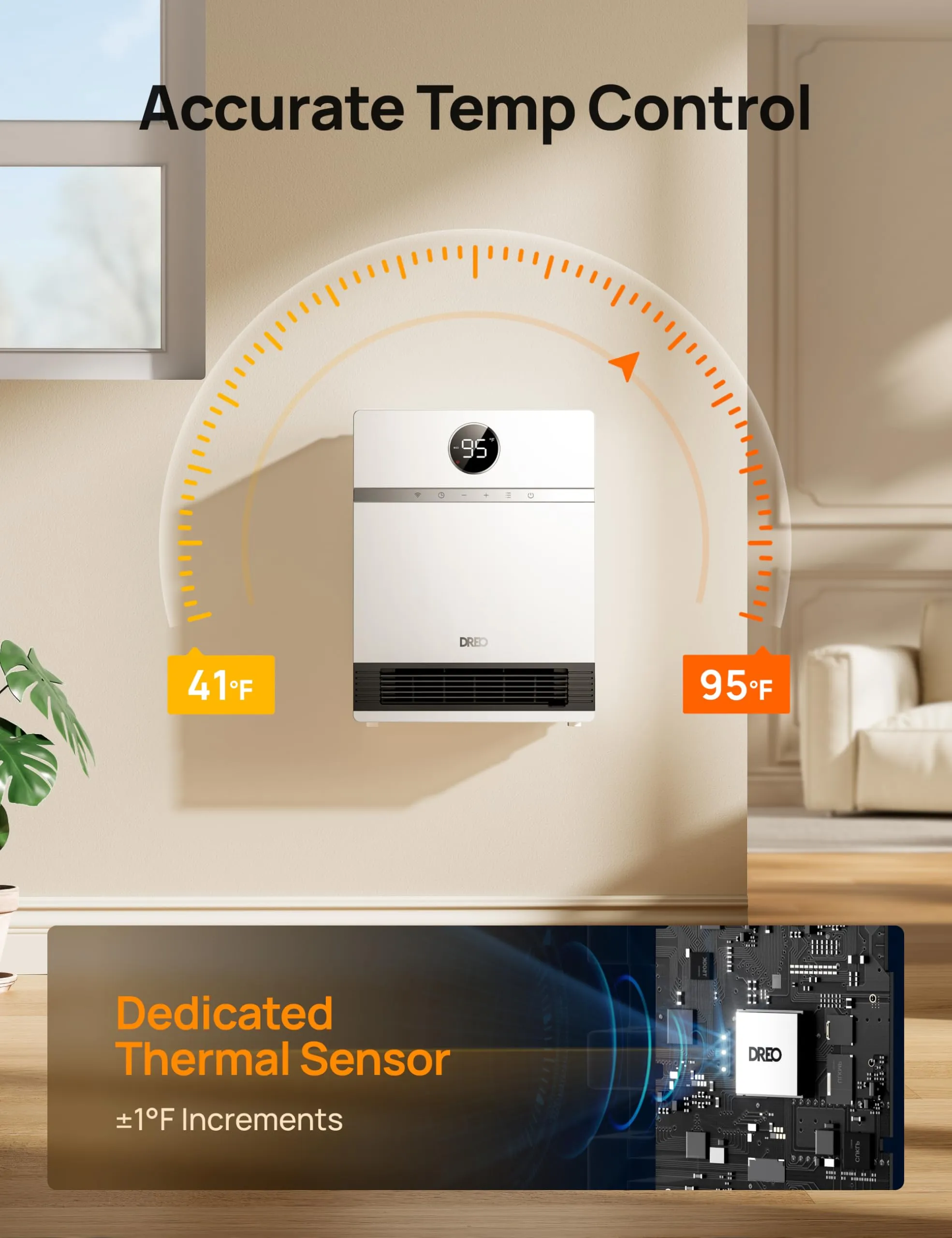Dreo Smart Wall Heater, IP24 Electric PTC Space Heater for Indoor Use, 30 Oscillation, Adjustable Thermostat, Remote Control, Works with Alexa, 24H Timer, Easy-mounted Heater for Bedroom, Office