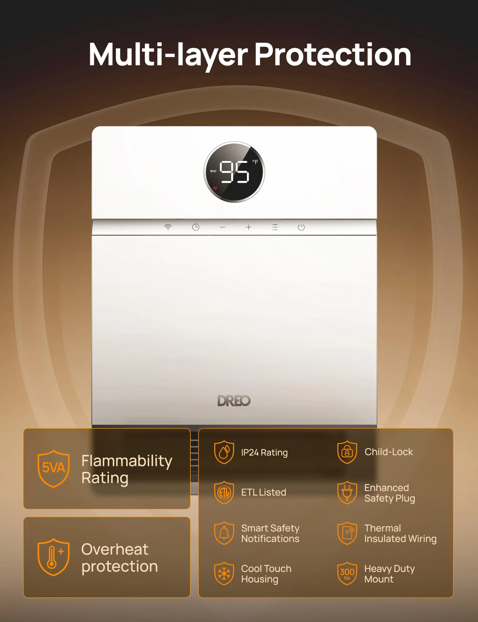 Dreo Smart Wall Heater, IP24 Electric PTC Space Heater for Indoor Use, 30 Oscillation, Adjustable Thermostat, Remote Control, Works with Alexa, 24H Timer, Easy-mounted Heater for Bedroom, Office