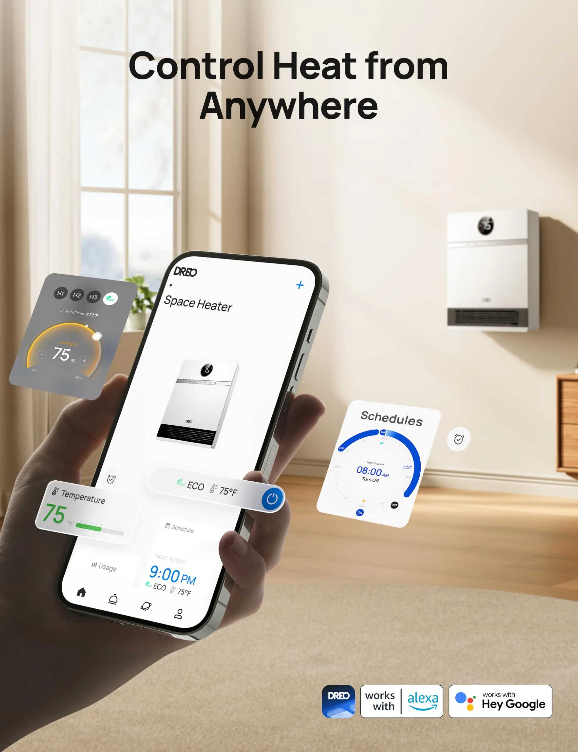 Dreo Smart Wall Heater, IP24 Electric PTC Space Heater for Indoor Use, 30 Oscillation, Adjustable Thermostat, Remote Control, Works with Alexa, 24H Timer, Easy-mounted Heater for Bedroom, Office