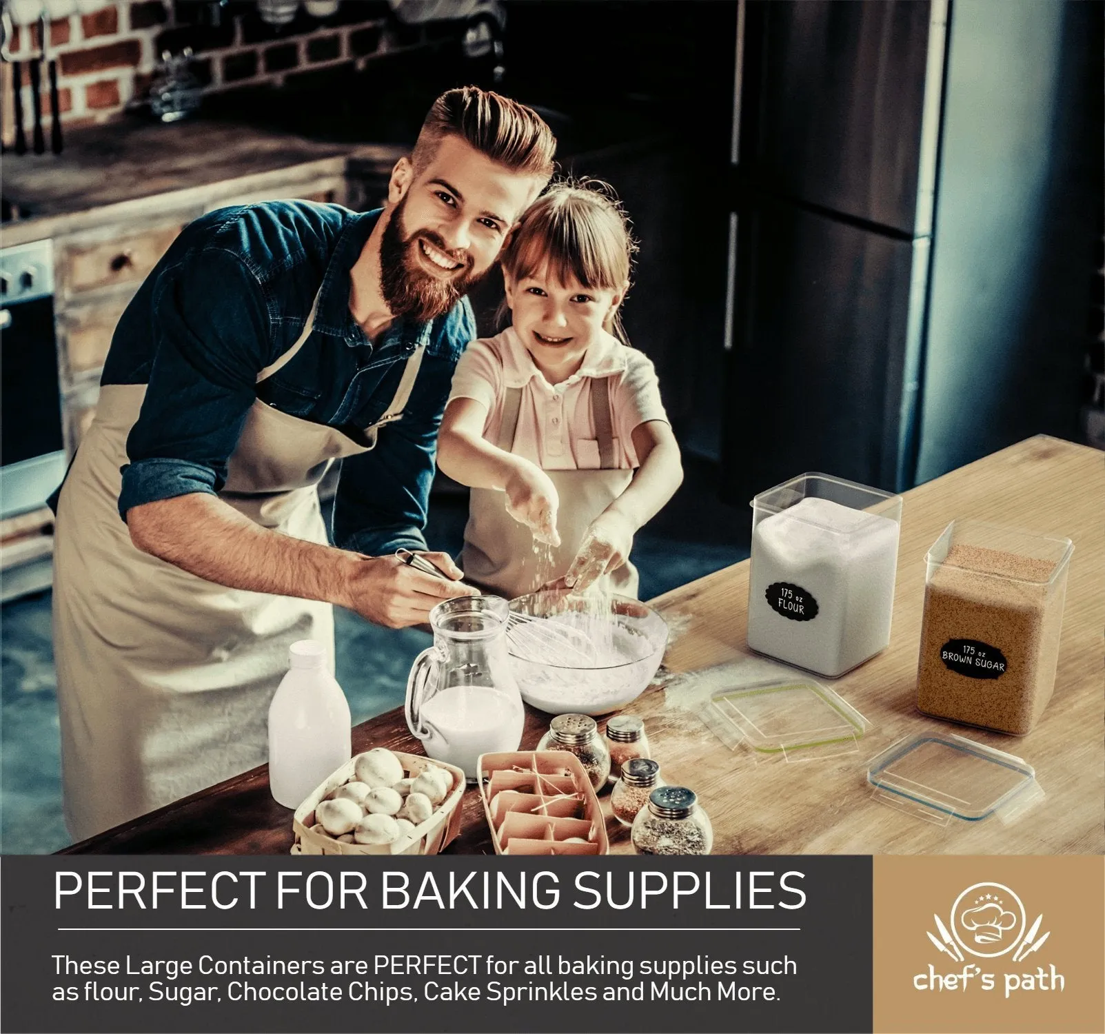 Extra Large Plastic Food Storage Containers with Lids for Flour & Sugar (5.2L|175Oz|Set of 4) - Airtight Kitchen & Pantry Organization BPA-Free Kitchen Canisters by Chef’s Path