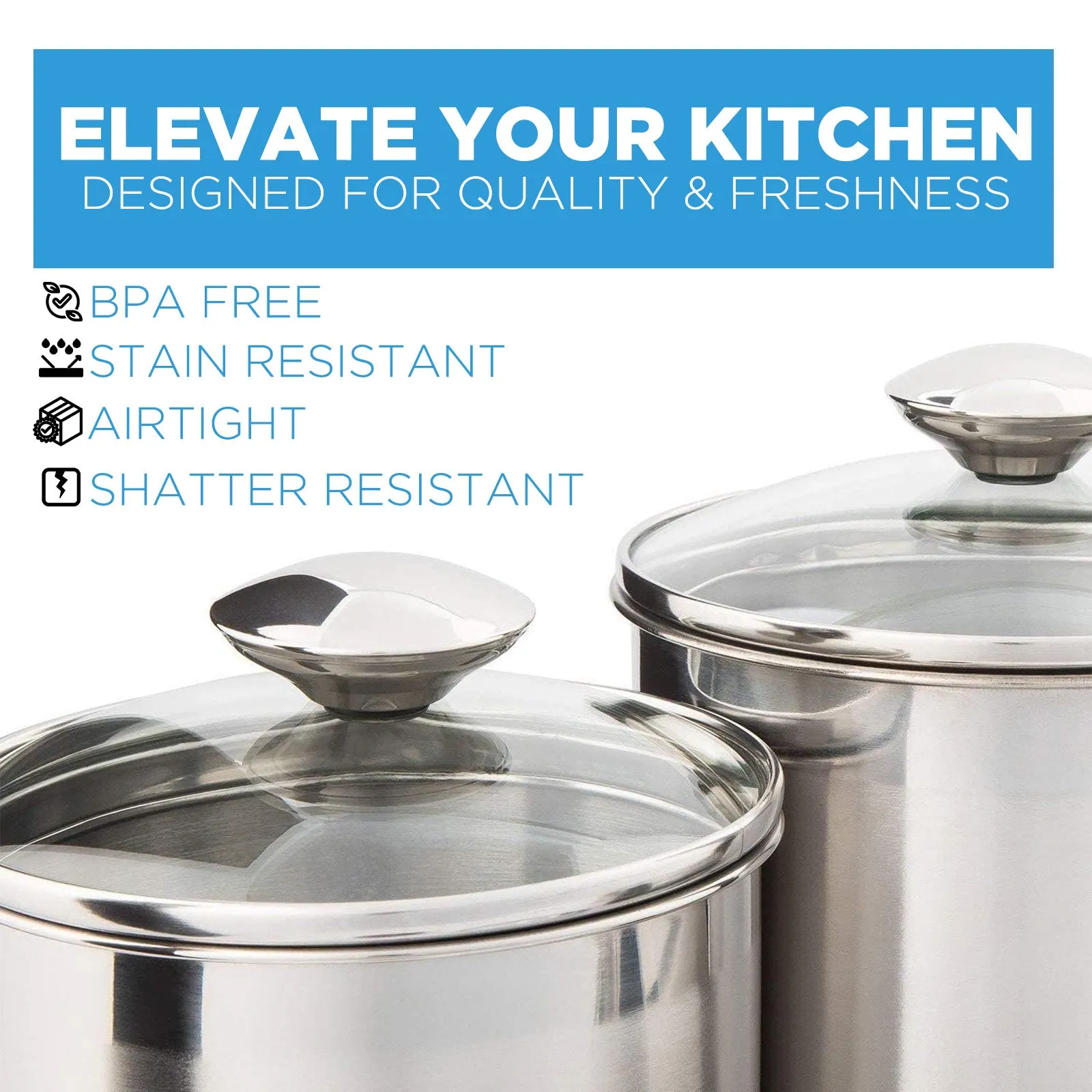 Kitchen Canister Set - Airtight Stainless Steel Canisters with Glass Lids - Clear See-Thru Top - Containers Set for Kitchen - Ideal for Food, Flour, Sugar, Coffee, Tea & Pantry Storage