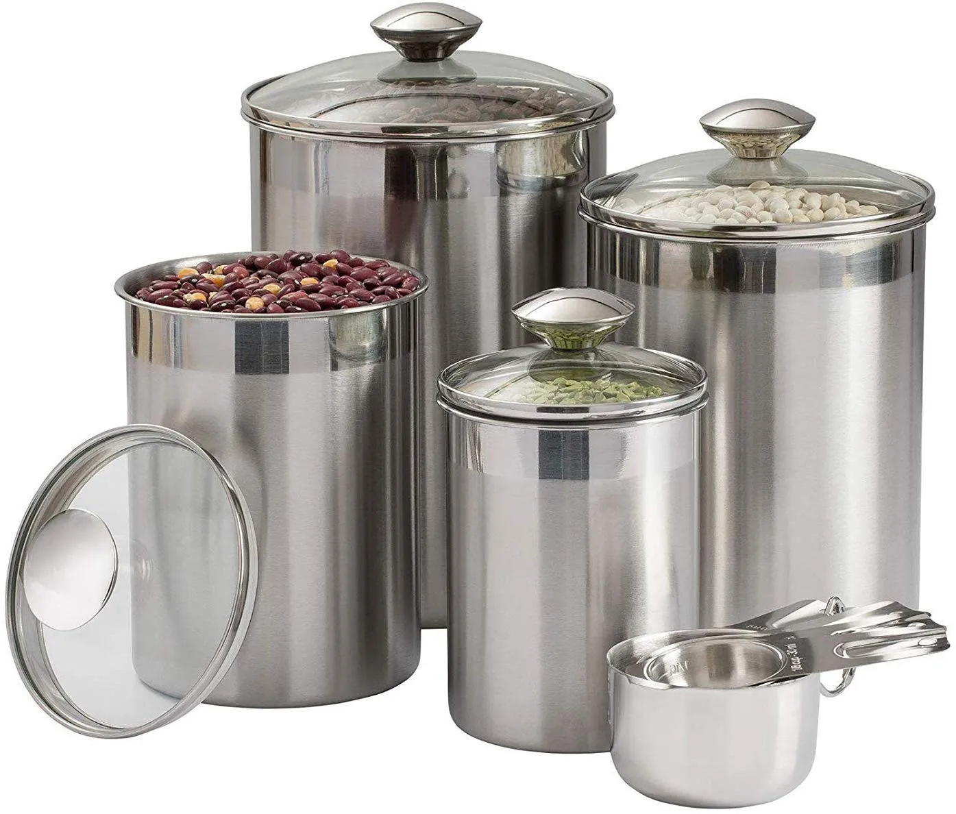 Kitchen Canister Set - Airtight Stainless Steel Canisters with Glass Lids - Clear See-Thru Top - Containers Set for Kitchen - Ideal for Food, Flour, Sugar, Coffee, Tea & Pantry Storage