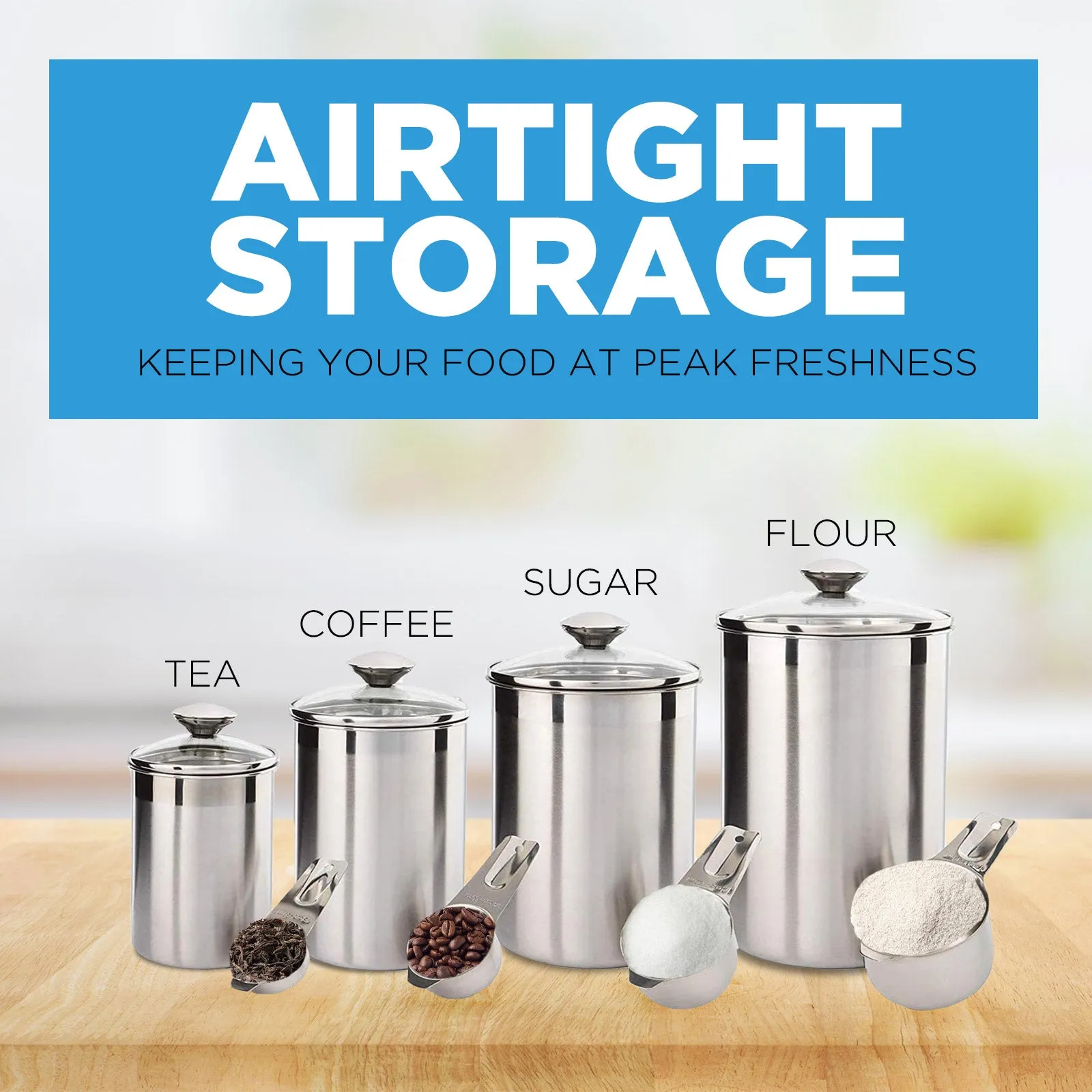 Kitchen Canister Set - Airtight Stainless Steel Canisters with Glass Lids - Clear See-Thru Top - Containers Set for Kitchen - Ideal for Food, Flour, Sugar, Coffee, Tea & Pantry Storage