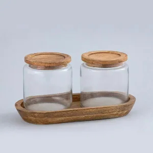 Natural Polished Glass & Wooden Canister | Food Storage Container For Kitchen Set of 3