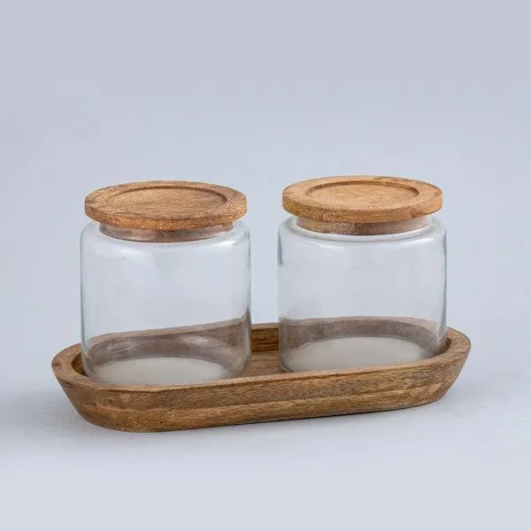 Natural Polished Glass & Wooden Canister | Food Storage Container For Kitchen Set of 3