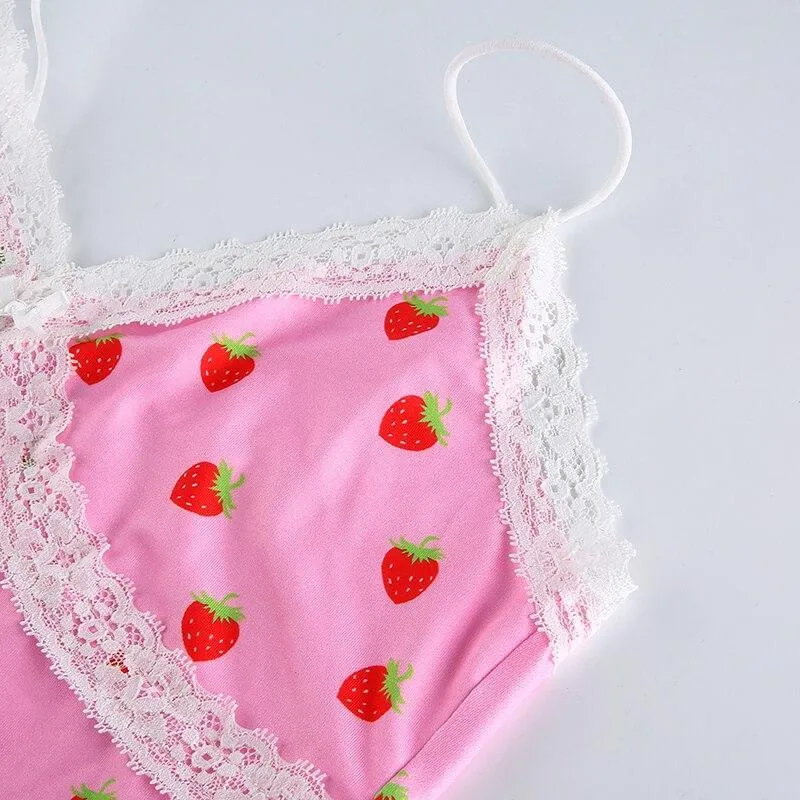 Pink Strawberry and White Lace Camisole Top: Cute top for indoors, outdoors, clubbing or nightwear