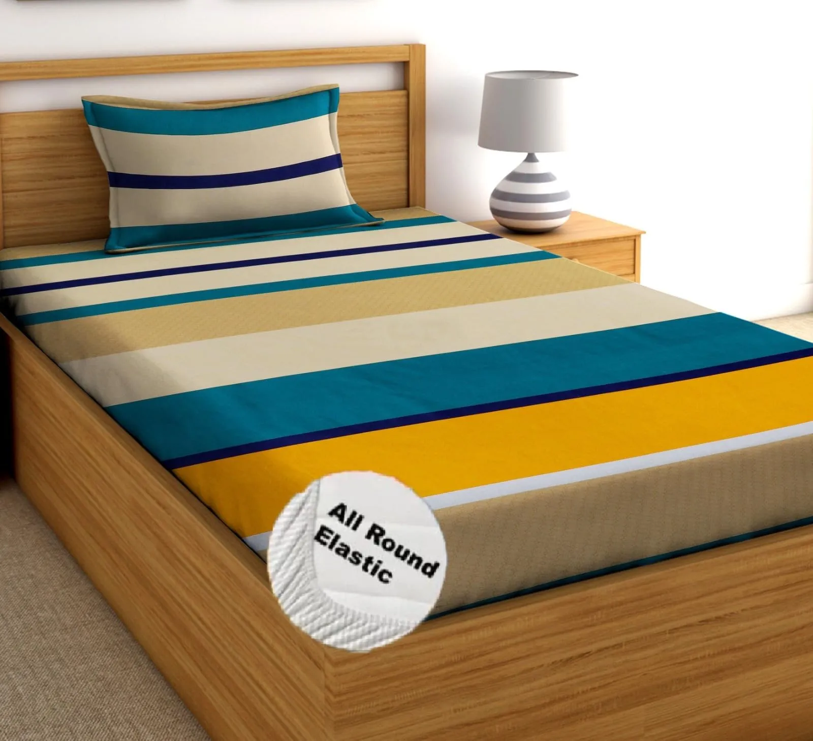 PRtrend 100% Soft Glace Cotton Elastic Fitted Single Bed Combo Bedsheet with 2 Large Pillow Cover (Single Bed 36 x72x6 inches) (Black Diamond, Yellow line)