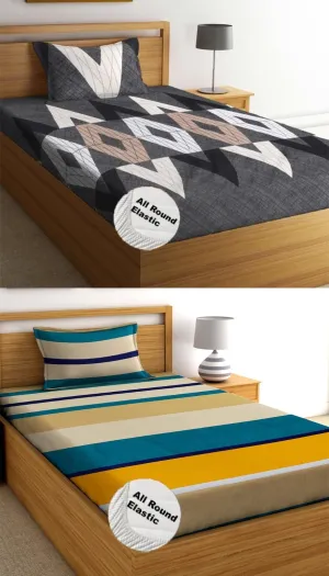 PRtrend 100% Soft Glace Cotton Elastic Fitted Single Bed Combo Bedsheet with 2 Large Pillow Cover (Single Bed 36 x72x6 inches) (Black Diamond, Yellow line)