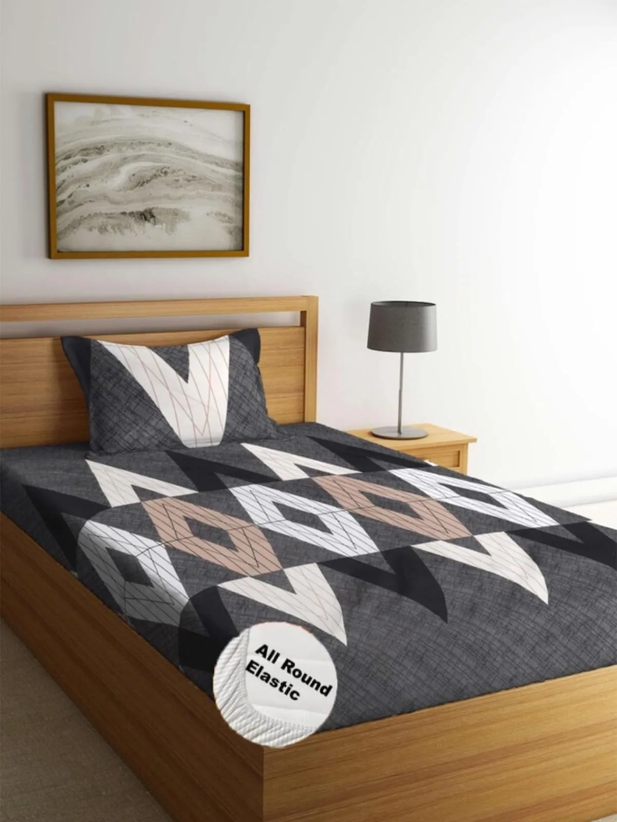 PRtrend 100% Soft Glace Cotton Elastic Fitted Single Bed Combo Bedsheet with 2 Large Pillow Cover (Single Bed 36 x72x6 inches) (Black Diamond, Yellow line)
