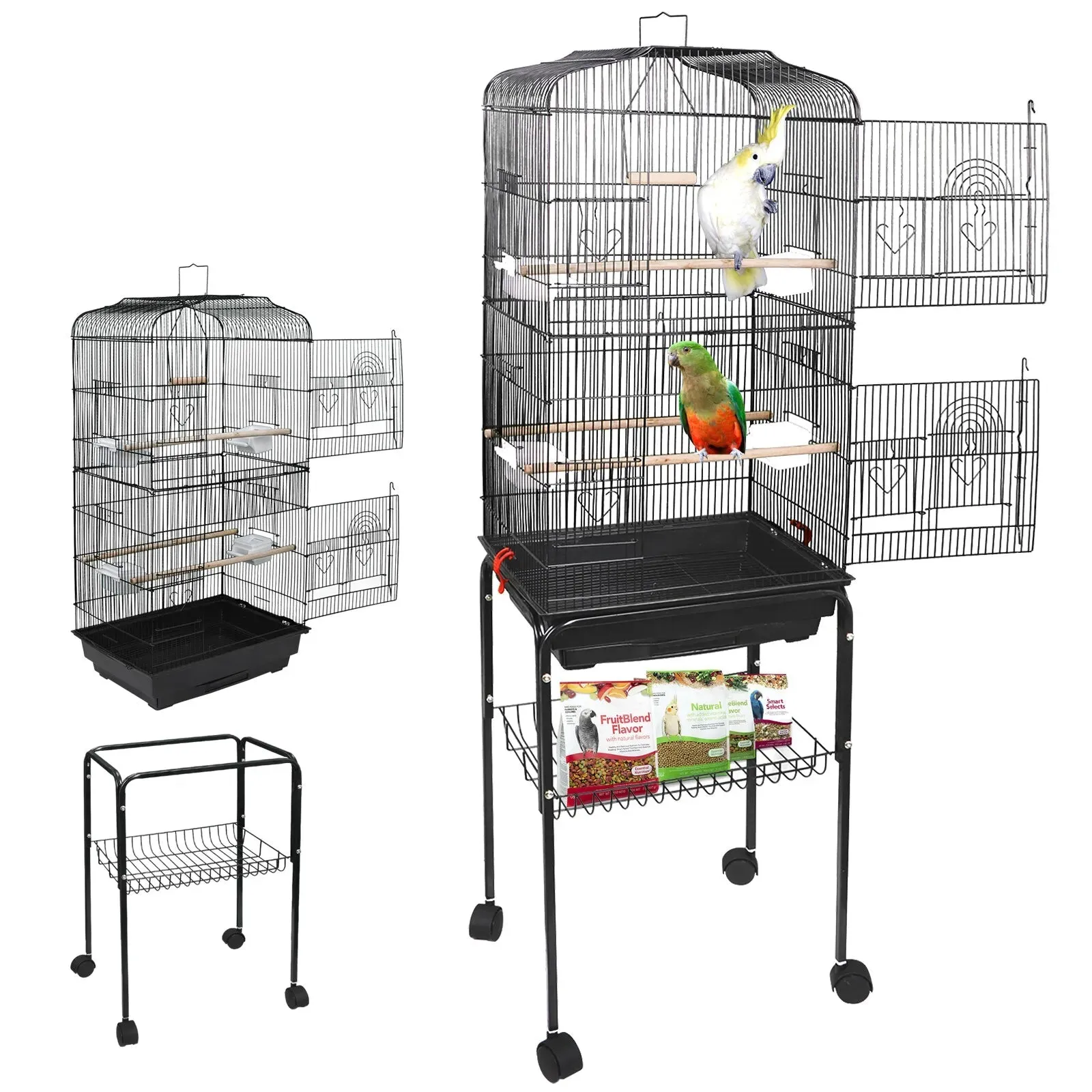 Rolling Bird Parrot Stand Cage with Perches, Feeder, and Storage Shelf
