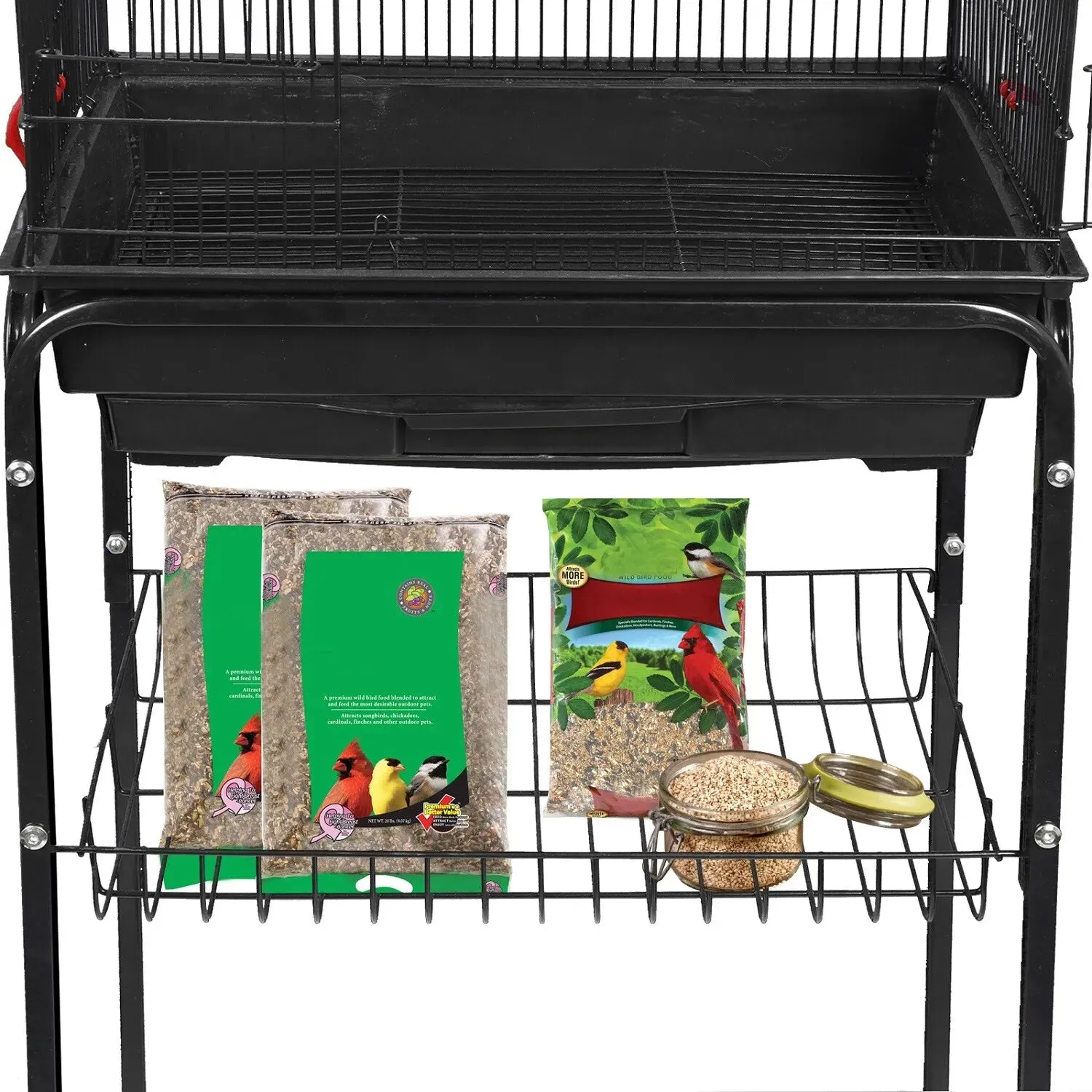 Rolling Bird Parrot Stand Cage with Perches, Feeder, and Storage Shelf