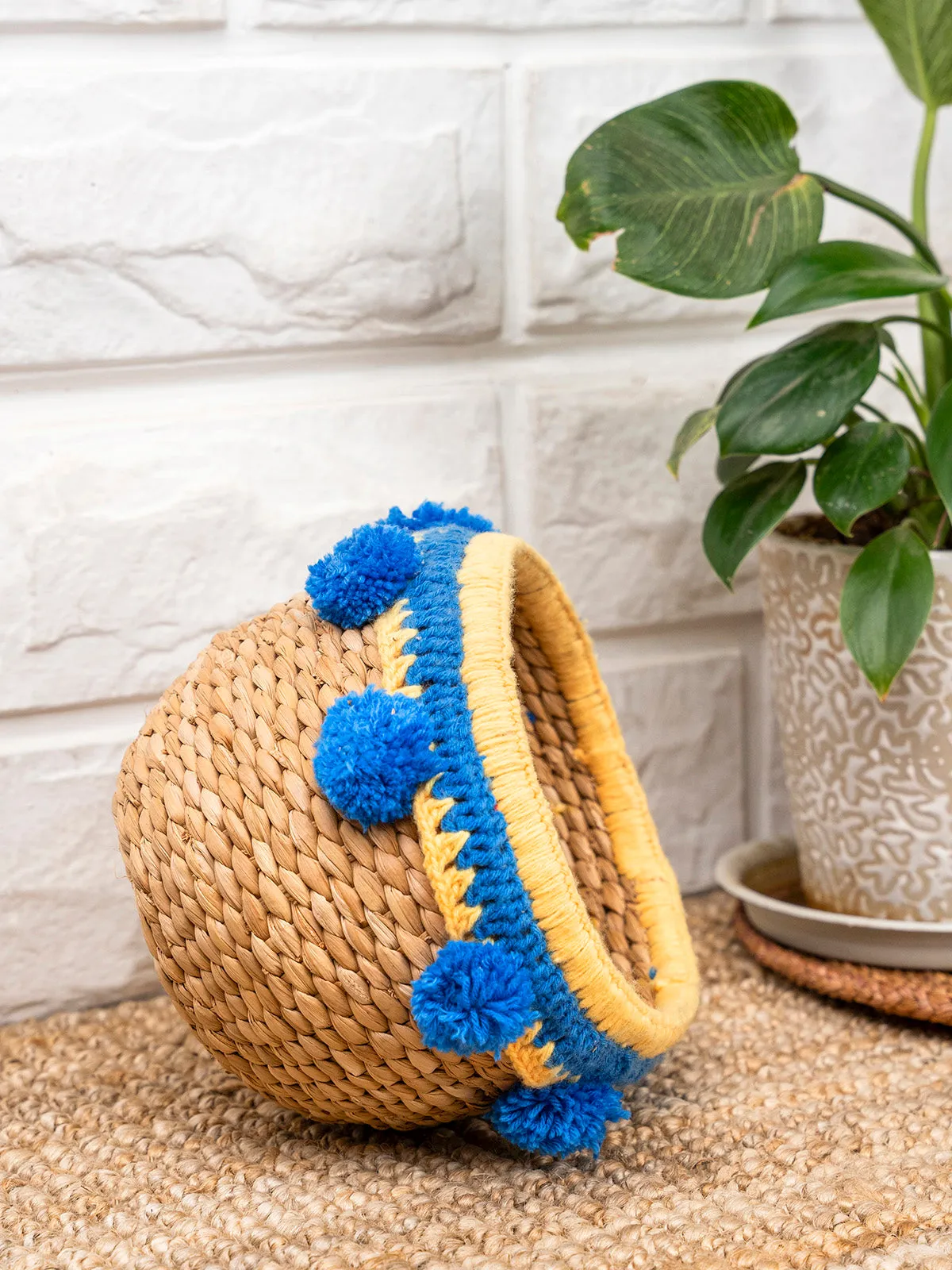 Round Bull Rush Reed Embroidered Basket