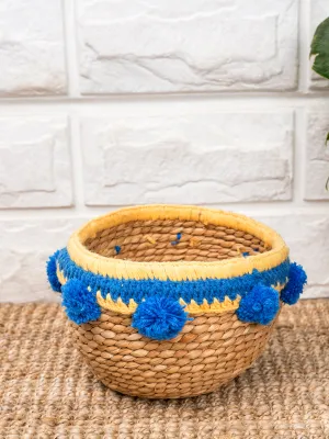 Round Bull Rush Reed Embroidered Basket
