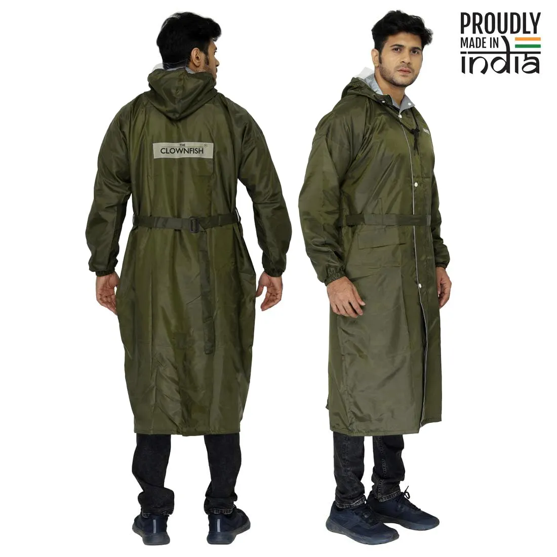 THE CLOWNFISH Polyester Reversible Use Unisex Waterproof Long Coat Raincoat For Men And Women With Adjustable Hood And Reflector At Back For Night Visibility Opener Series (Mehendi-Free Size)