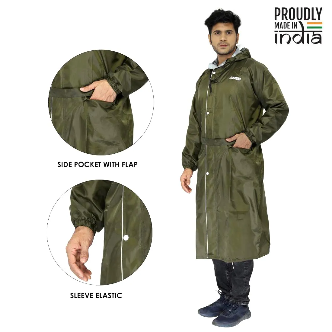 THE CLOWNFISH Polyester Reversible Use Unisex Waterproof Long Coat Raincoat For Men And Women With Adjustable Hood And Reflector At Back For Night Visibility Opener Series (Mehendi-Free Size)