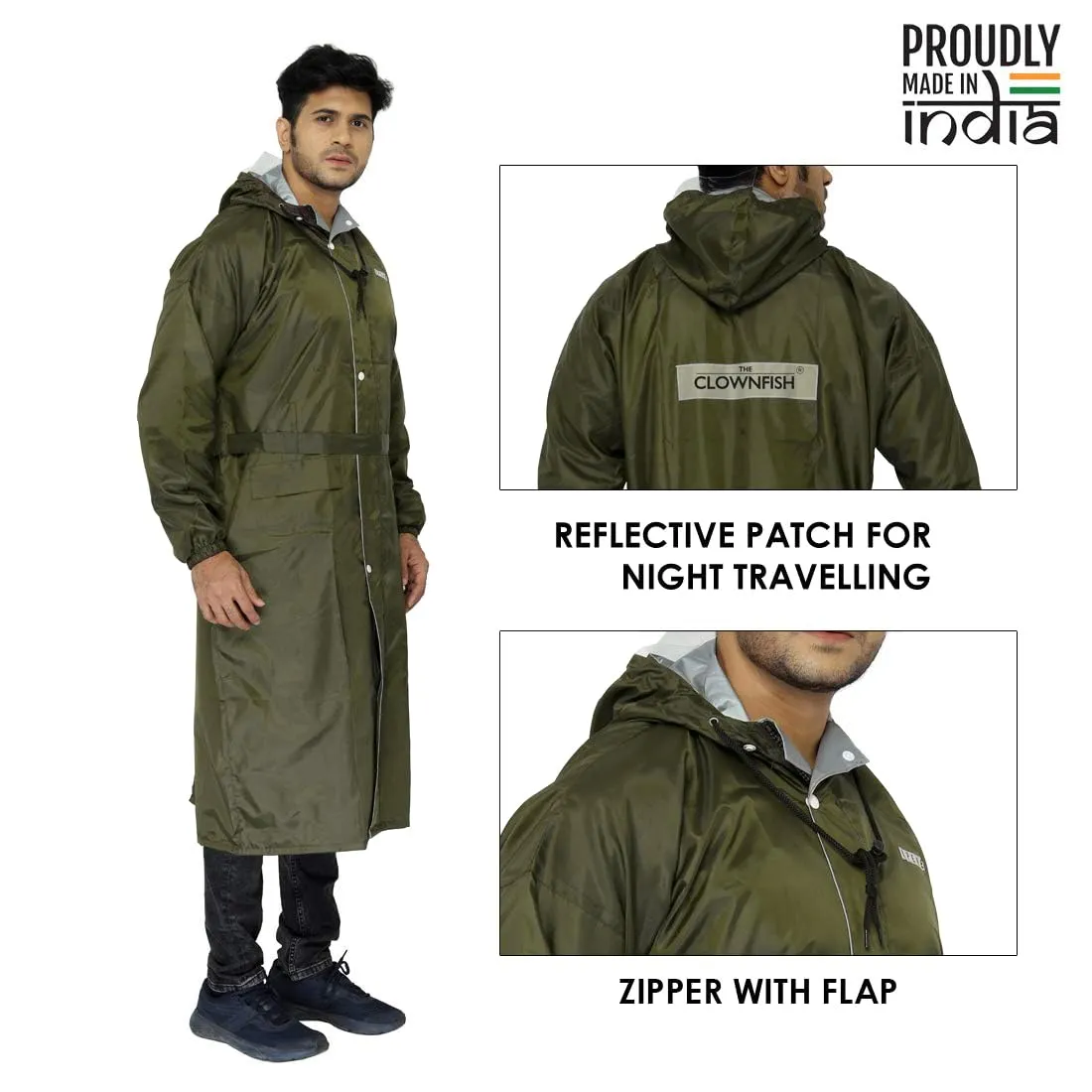 THE CLOWNFISH Polyester Reversible Use Unisex Waterproof Long Coat Raincoat For Men And Women With Adjustable Hood And Reflector At Back For Night Visibility Opener Series (Mehendi-Free Size)