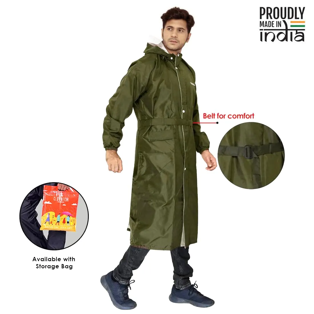 THE CLOWNFISH Polyester Reversible Use Unisex Waterproof Long Coat Raincoat For Men And Women With Adjustable Hood And Reflector At Back For Night Visibility Opener Series (Mehendi-Free Size)