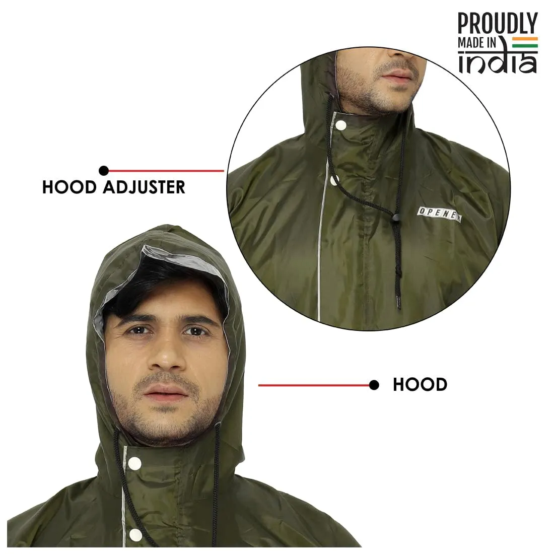 THE CLOWNFISH Polyester Reversible Use Unisex Waterproof Long Coat Raincoat For Men And Women With Adjustable Hood And Reflector At Back For Night Visibility Opener Series (Mehendi-Free Size)
