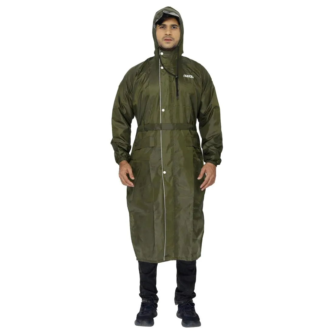 THE CLOWNFISH Polyester Reversible Use Unisex Waterproof Long Coat Raincoat For Men And Women With Adjustable Hood And Reflector At Back For Night Visibility Opener Series (Mehendi-Free Size)