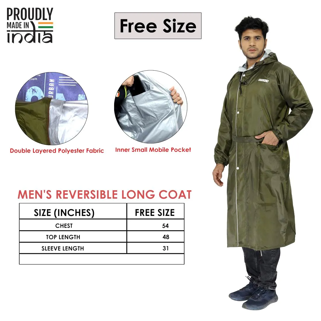 THE CLOWNFISH Polyester Reversible Use Unisex Waterproof Long Coat Raincoat For Men And Women With Adjustable Hood And Reflector At Back For Night Visibility Opener Series (Mehendi-Free Size)