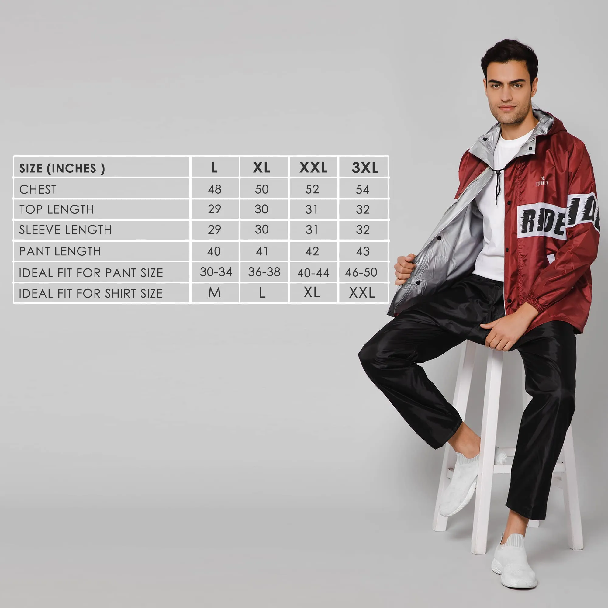 THE CLOWNFISH Road Rider Men's Waterproof Raincoat Polyester Double Coating Reversible Rain Suit with Hood & Inner Mobile Pocket. Set of Top and Bottom. Printed Plastic Pouch (Maroon, X-Large)