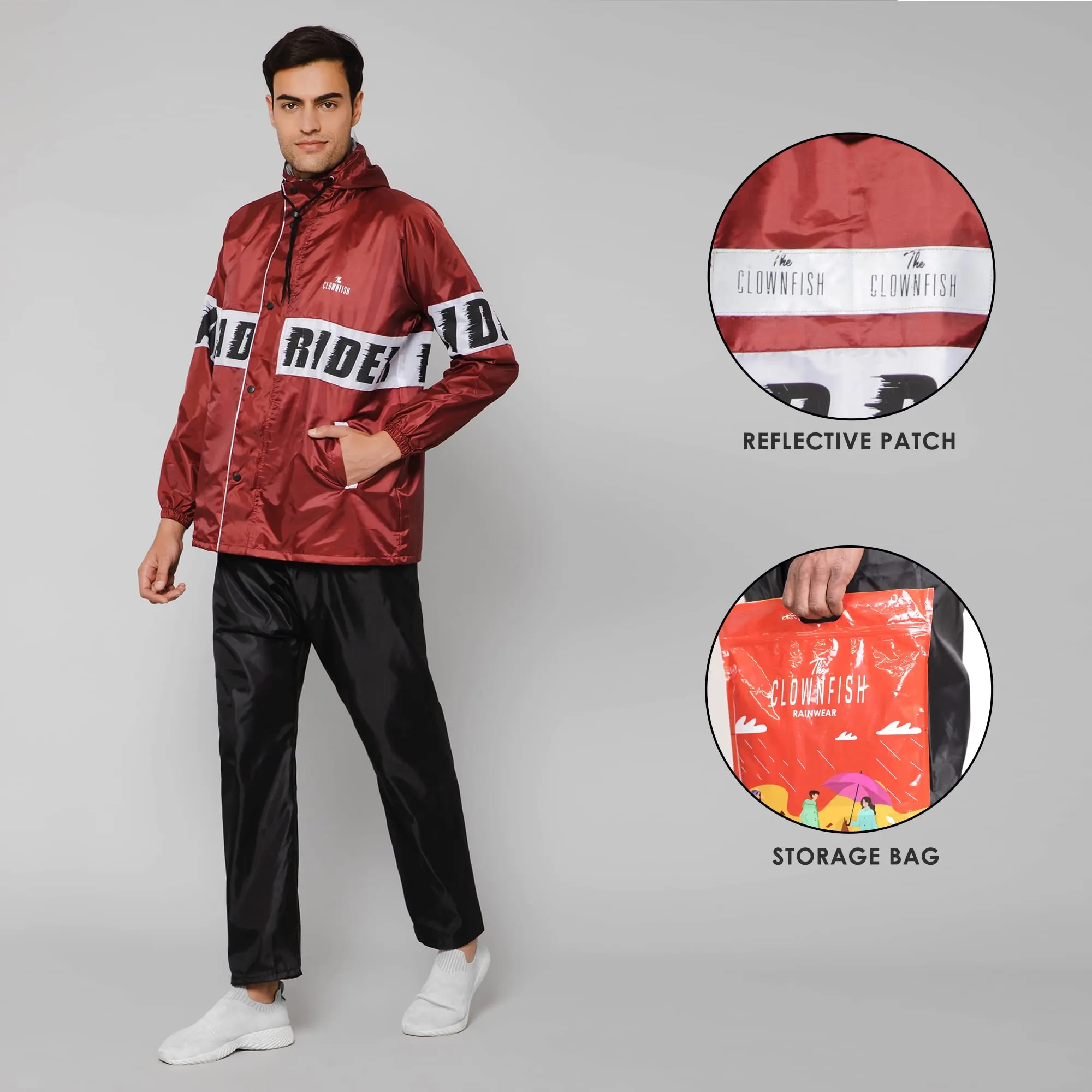 THE CLOWNFISH Road Rider Men's Waterproof Raincoat Polyester Double Coating Reversible Rain Suit with Hood & Inner Mobile Pocket. Set of Top and Bottom. Printed Plastic Pouch (Maroon, X-Large)