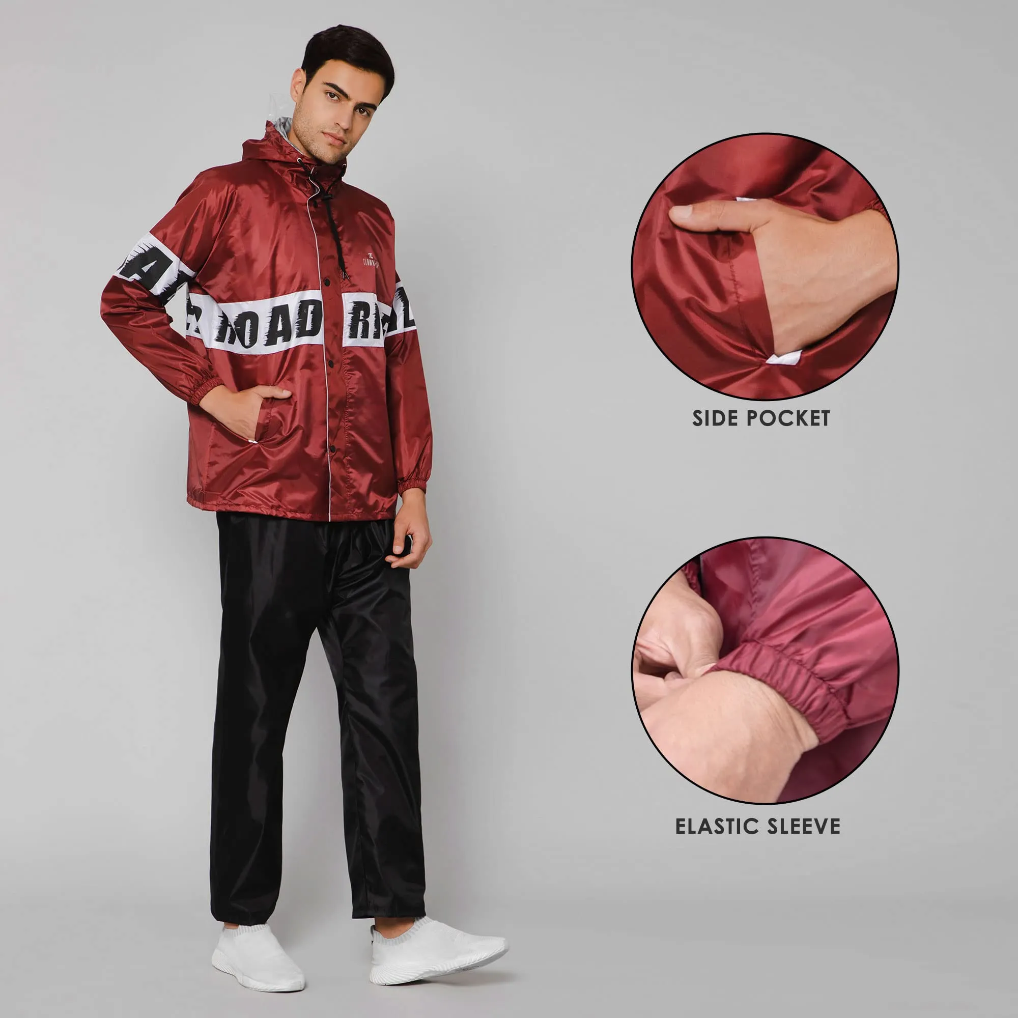 THE CLOWNFISH Road Rider Men's Waterproof Raincoat Polyester Double Coating Reversible Rain Suit with Hood & Inner Mobile Pocket. Set of Top and Bottom. Printed Plastic Pouch (Maroon, X-Large)