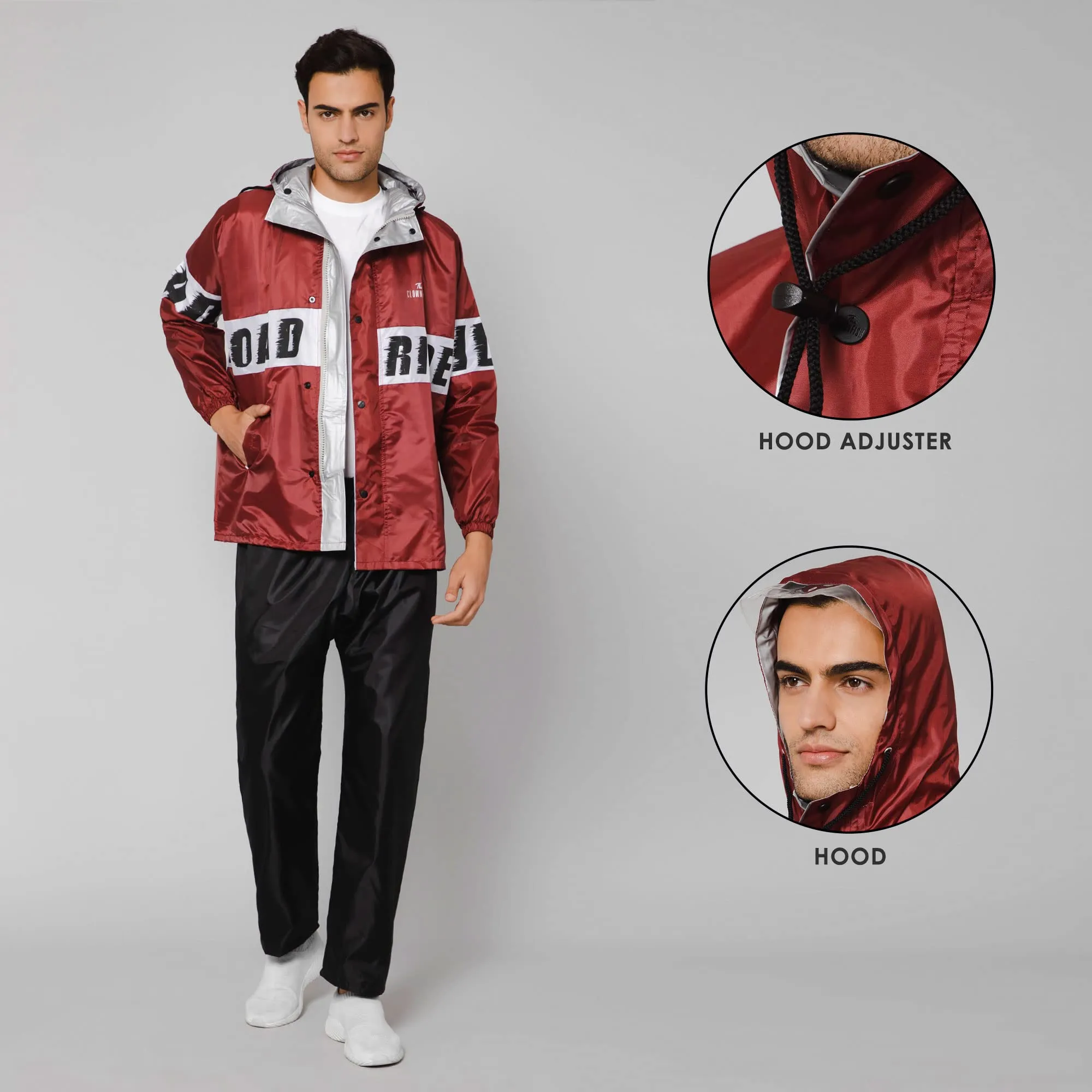 THE CLOWNFISH Road Rider Men's Waterproof Raincoat Polyester Double Coating Reversible Rain Suit with Hood & Inner Mobile Pocket. Set of Top and Bottom. Printed Plastic Pouch (Maroon, X-Large)