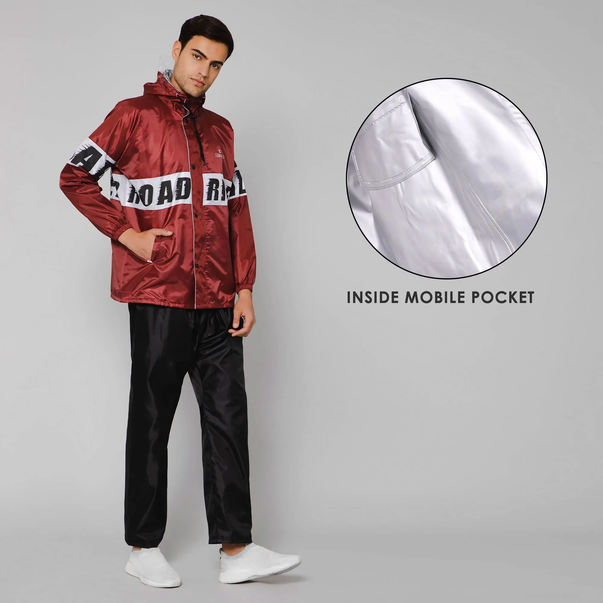THE CLOWNFISH Road Rider Men's Waterproof Raincoat Polyester Double Coating Reversible Rain Suit with Hood & Inner Mobile Pocket. Set of Top and Bottom. Printed Plastic Pouch (Maroon, X-Large)