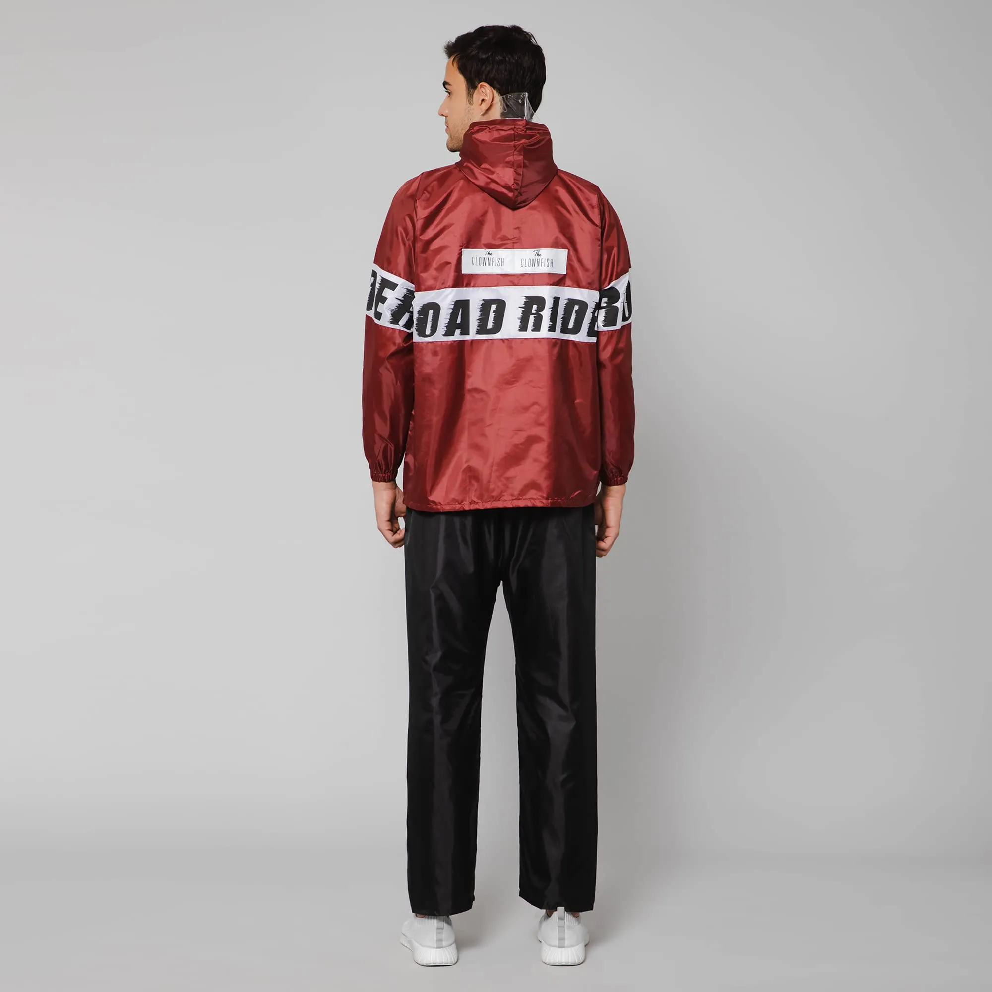 THE CLOWNFISH Road Rider Men's Waterproof Raincoat Polyester Double Coating Reversible Rain Suit with Hood & Inner Mobile Pocket. Set of Top and Bottom. Printed Plastic Pouch (Maroon, X-Large)