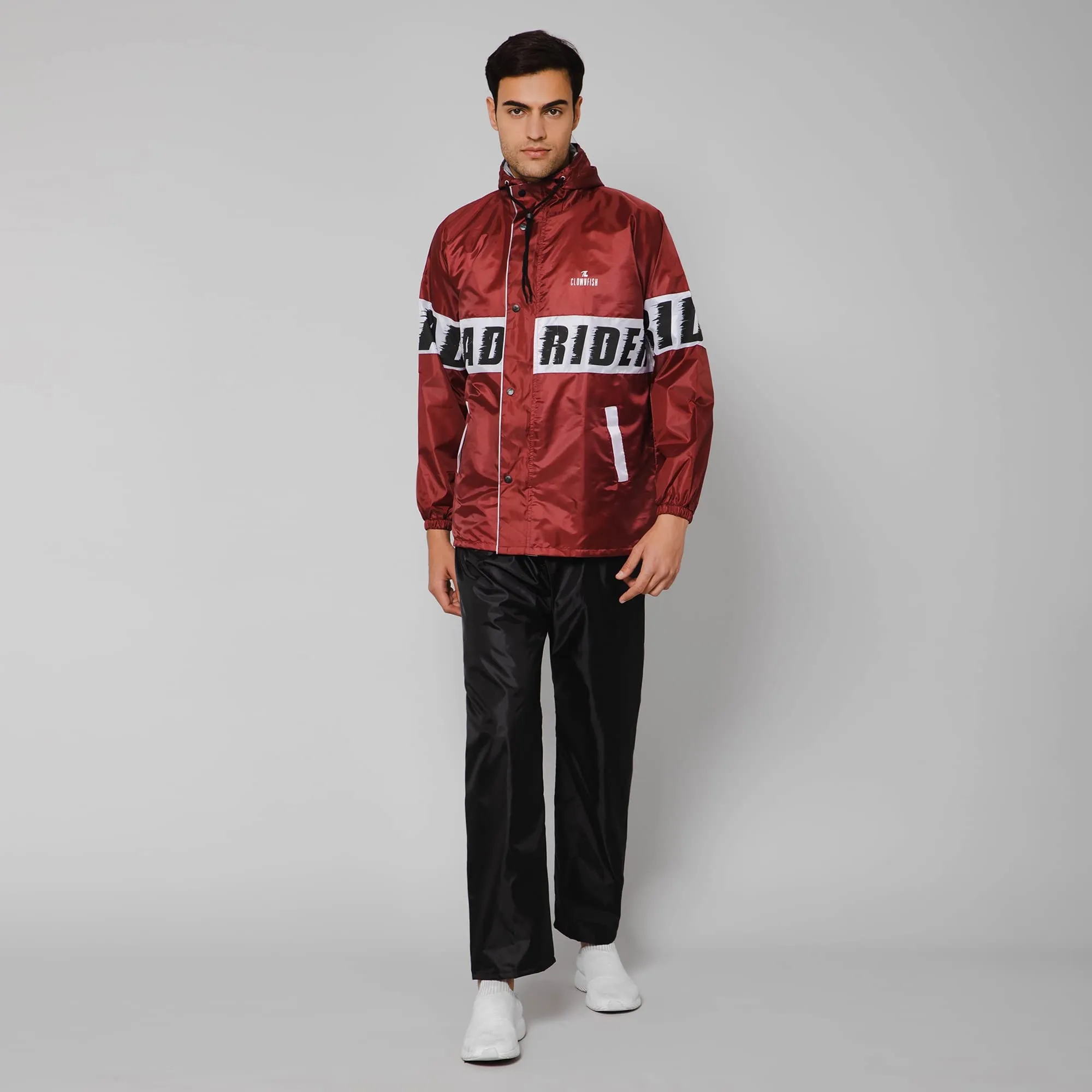 THE CLOWNFISH Road Rider Men's Waterproof Raincoat Polyester Double Coating Reversible Rain Suit with Hood & Inner Mobile Pocket. Set of Top and Bottom. Printed Plastic Pouch (Maroon, X-Large)